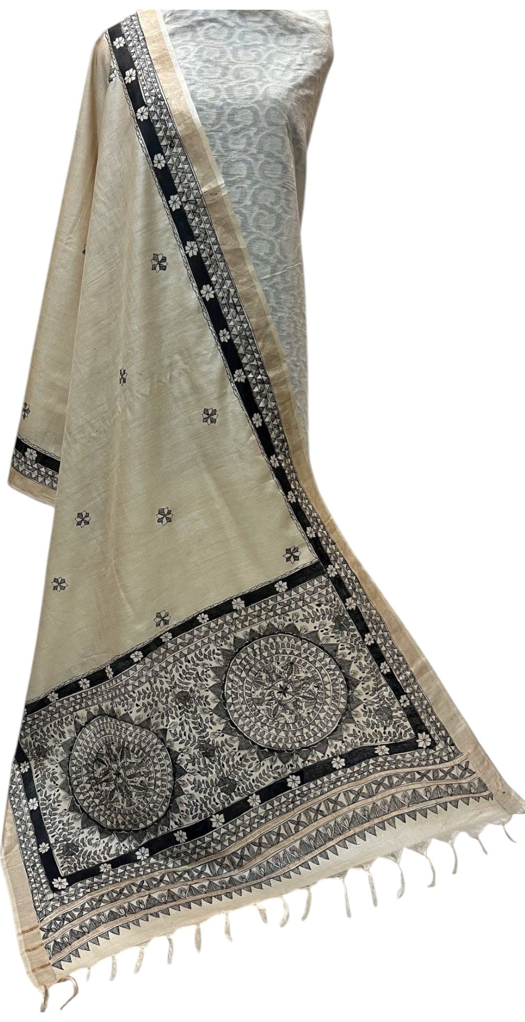 Tussar Munga Silk Dupatta - Hand-Painted Madhubani Design with Black